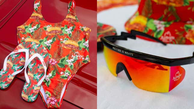 On left, Arby's Hawaiian print swimsuit and flip flops; on right, wraparound sunglasses