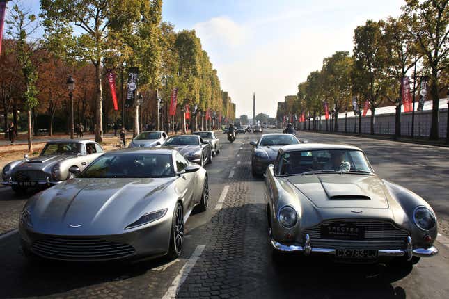 James’s new Aston Martin DB10, next to the classic DB5. Up next: Electric Bond?