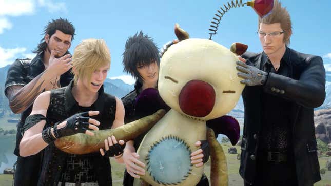 Final Fantasy XV characters laugh while holding a large Moogle plush.