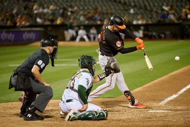 Aug 18, 2023; Oakland, California, USA; Baltimore Orioles designated hitter Ryan Mountcastle (6) bats against the Oakland Athletics during the eighth inning at Oakland-Alameda County Coliseum.