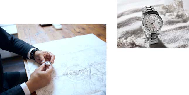 (left) image of a Takumi artisan examining a Grand Seiko watch and looking at sketches. (Right) Picture of a Grand Seiko watch with metal hardware and a white dial