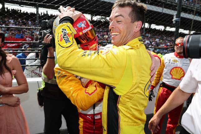 Scott McLaughlin celebrates Josef Newgarden's win at the 107th Running of the Indianapolis 500 Presented By Gainbridge