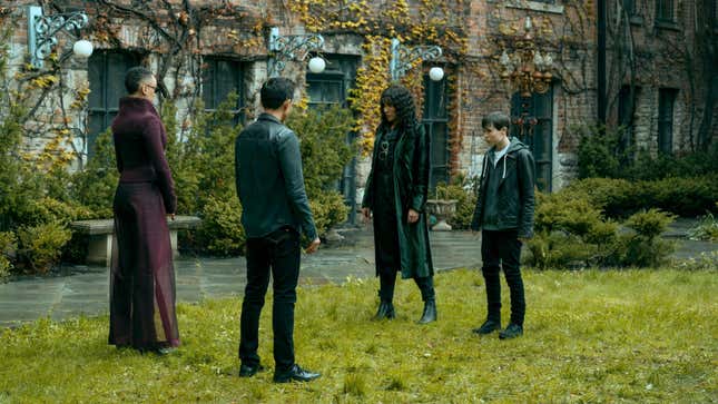 Two Sparrow Academy members face off with two Umbrella Academy members.