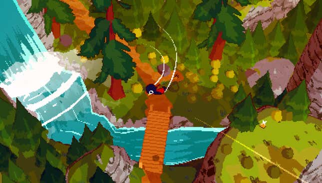 An image of A Short Hike, depicting the anthropomorphic protagonist Claire using her wings to glide around the environment.