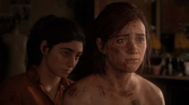 Ellie is seen crying while Dina tends to a wound.