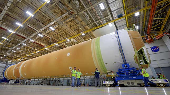 The Space Launch System (SLS) rocket’s core stage for Artemis 2 at the Michoud Assembly Facility in New Orleans.