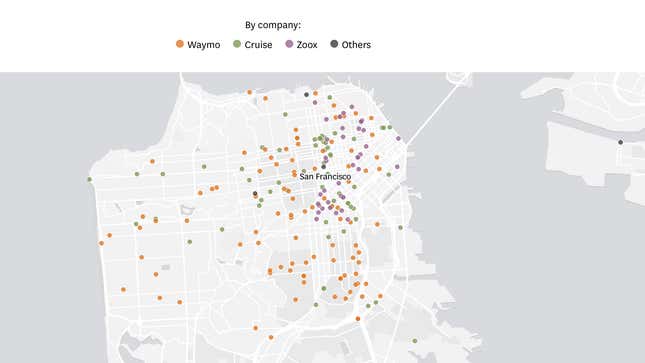 Image for article titled A New Map Shows Every Autonomous Car Crash In San Francisco Since 2022