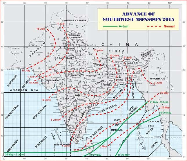 A map that shows the advance of monsoons in 2015.