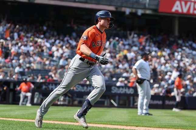 Aug 6, 2023; Bronx, New York, USA; Houston Astros center fielder Jake Meyers (6) runs the bases after his three-run home run during the sixth inning against New York Yankees relief pitcher Wandy Peralta (58) at Yankee Stadium.