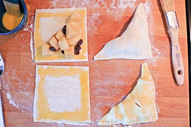 Puff pastry squares with step by step filling and folding technique.