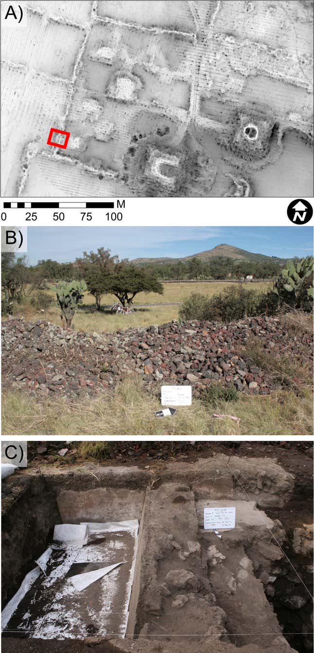 A) Sky-view factor image of Plaza of the Columns showing a modern rockpile delineating the complex, rectangle indicates excavation unit along a Teo Modern alignment, B) photograph of the modern rock pile, C) photograph of excavations revealing large wall beneath modern rock pile.