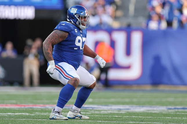 Jan 1, 2023; East Rutherford, New Jersey, USA; New York Giants defensive tackle Dexter Lawrence (97) celebrates a defensive stop during the second half against the Indianapolis Colts at MetLife Stadium.
