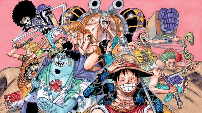 Straw Hat Pirates group around one another and arm themselves for battle with smiles on their faces. 