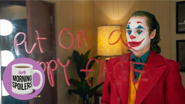 The Joker stares at a mirror upon which someone has scrawled "Put on a happy face."