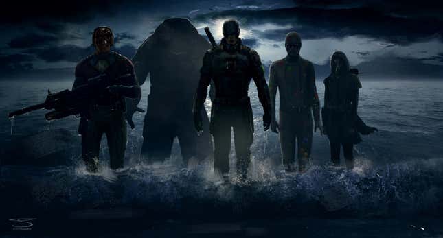 Concept art from The Suicide Squad featuring Peacemaker, King Shark, Bloodsport, Poke-Dot Man, and Harley Quinn in shadow walking in from the ocean to the shore with the moon behind them.
