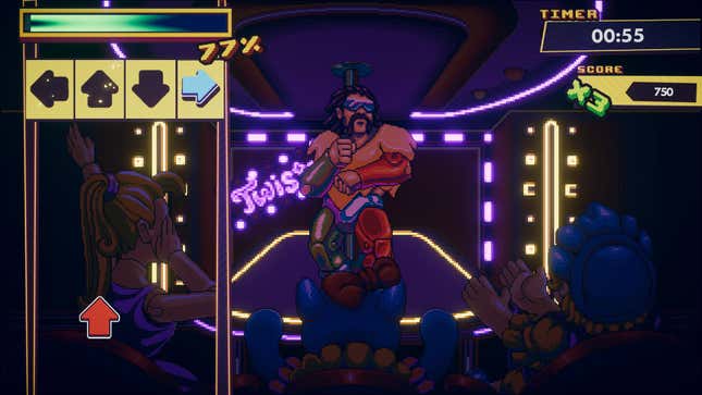 A WrestleQuest screenshot shows Muchacho Man dancing in a nightclub.