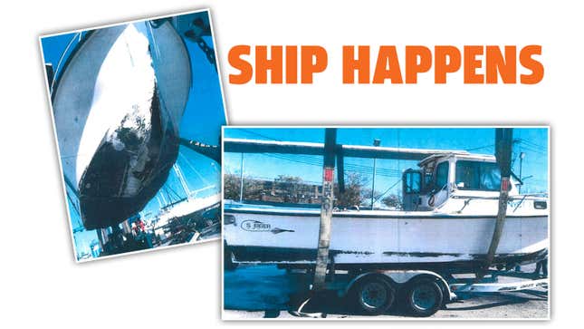Two photos of the wrecked MTA boat with the caption "Ship Happens" 