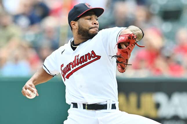 Aug 6, 2023; Cleveland, Ohio, USA; Cleveland Guardians pitcher Xzavion Curry (44) throws a pitch during the first inning against the Chicago White Sox at Progressive Field.