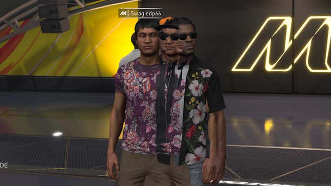 A screenshot shows a group of humans bunched together in The Crew. 
