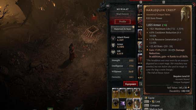 A Diablo 4 screenshot shows a player taking Shako.