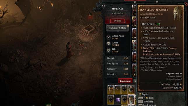 Screenshot of Diablo 4 showing a player receiving a Shako.