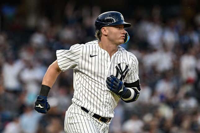 Jul 5, 2023; Bronx, New York, USA; New York Yankees third baseman Josh Donaldson (28) rounds the bases after hitting a solo home run against the Baltimore Orioles during the fifth inning at Yankee Stadium.