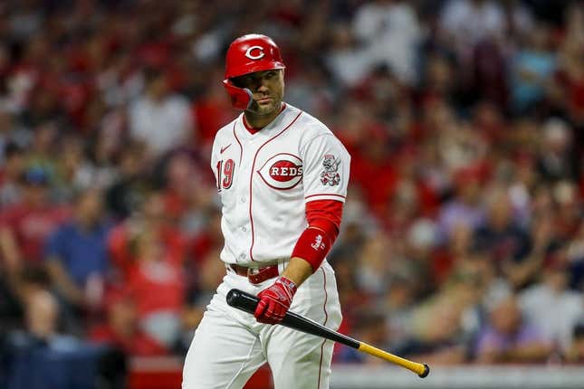 Aug 15, 2023; Cincinnati, Ohio, USA; Cincinnati Reds pinch hitter Joey Votto (19) walks off the field after striking out against the Cleveland Guardians in the seventh inning at Great American Ball Park.