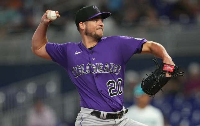 Jul 21, 2023; Miami, Florida, USA;  Colorado Rockies pitcher Peter Lambert (20) pitches against the Miami Marlins in the first inning at loanDepot Park.
