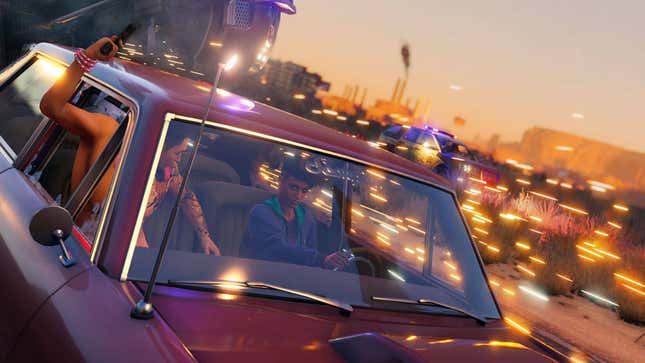 A Saints Row image showing the player-character The Boss and their op mobbing the city streets of Santo Ileso in what appears to be a red Impala.