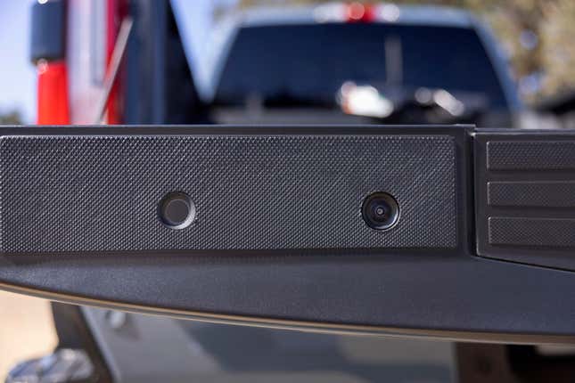 A new back-up camera and proximity sensor on the top edge of the 2023 Ford Super Duty tailgate make reversing easy when the tailgate is down.