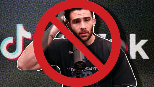 An image of Hasan "Hasanabi" Piker with a vector red prohibition sign emblazoned on him and the TikTok logo behind him.