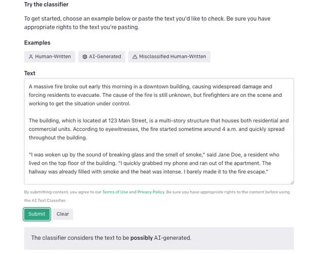 Screenshot of OpenAI classifier
