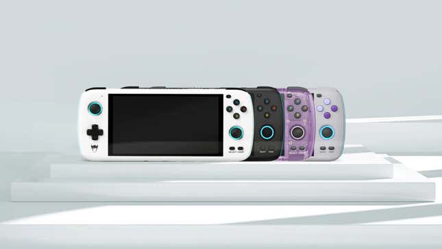 A few of the color options for the Odin, white, black, translucent purple, and grey with purple buttons.