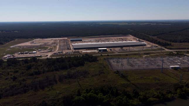 An aerial photo of a large compound and electrical substation at a Texas bitcoin mining operation.