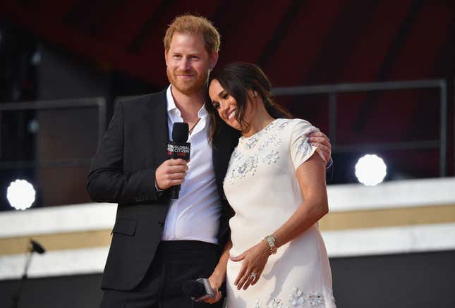 Prince Harry and Meghan Markle speak during the 2021 Global Citizen Live festival at the Great Lawn, Central Park on September 25, 2021 in New York City. (Photo by Angela Weiss / AFP) (Photo by ANGELA WEISS/AFP via Getty Images)