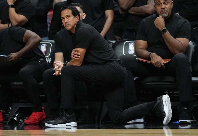 Jan 14, 2023; Miami, Florida, USA; Miami Heat head coach Erik Speolstra looks on during the second half against the Milwaukee Bucks at Miami-Dade Arena.