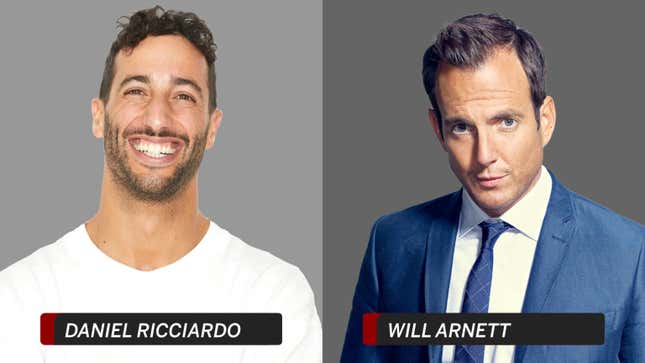 left daniel ricciardo smiley australian f1 race car driver in a white tee and on the right comedian will arnett with slight receding hairline, blue-gray eyes in a white collar button up with blue tie and blue suit