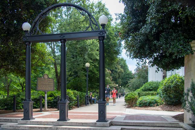 A view of the Arch and entrance to the University of Georgia’s North Campus on the first day of classes of the Fall semester during the Coronavirus pandemic on August 20, 2020. 