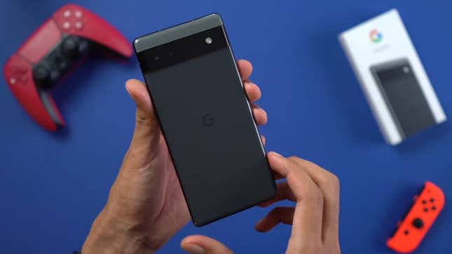 A screenshot of a person holding the Pixel 6a