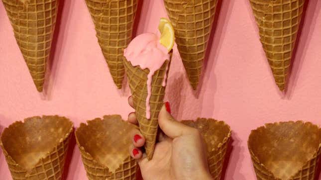 Ice cream cone exhibits seen mounted to a wall in the Museum of Ice Cream in New York, 2016