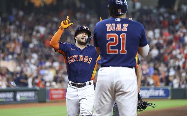 Sep 10, 2023; Houston, Texas, USA; Houston Astros second baseman Jose Altuve (27) celebrates after hitting a home run during the third inning against the San Diego Padres at Minute Maid Park.