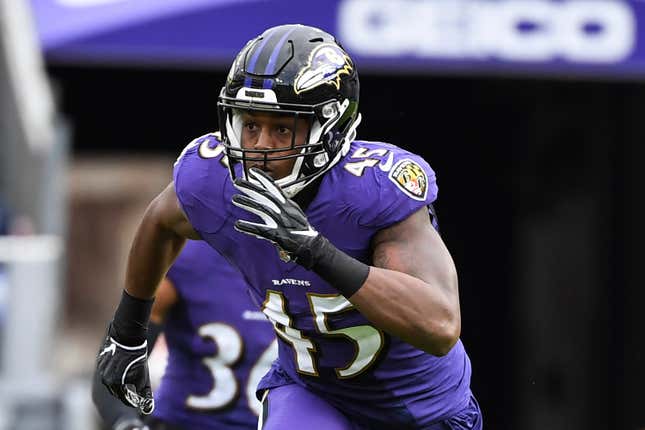 Baltimore Ravens linebacker Jaylon Ferguson plays during the first half of an NFL football game against the Los Angeles Rams, Sunday, Jan. 2, 2022, in Baltimore.