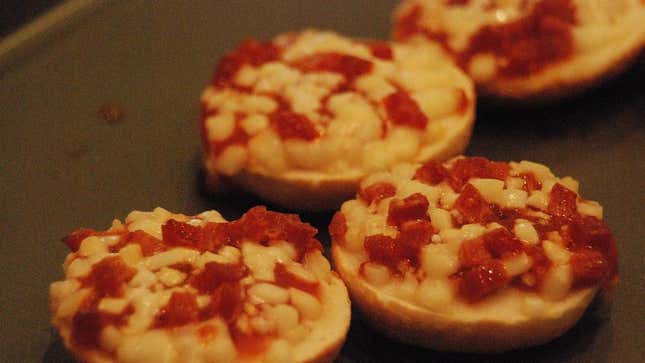 Close-up of Bagel Bites with pepperoni bits
