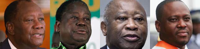 L-R: Ivory Coast president Alassane Ouattara; former president Henri Konan Bedie, president Laurent Gbagbo (2000-2011); presidential candidate Guillaume Soro