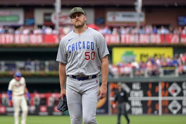 May 20, 2023; Philadelphia, Pennsylvania, USA;  Chicago Cubs starting pitcher Jameson Taillon (50) walks to the dugout after being pulled in the third inning against the Philadelphia Phillies at Citizens Bank Park. The Phillies won 12-3.