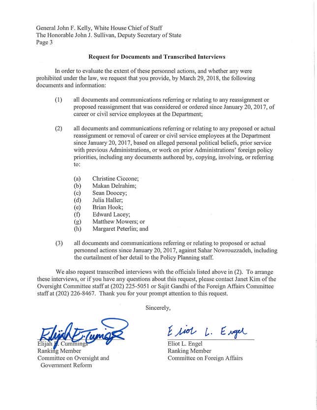 Page three of a letter from the House Oversight committee requesting more information on whether Trump's White House planned a purge of career civil servants deemed "insufficiently loyal"
