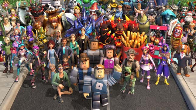 A group of Roblox avatars line up in the middle of the street and pose for a group photo. 