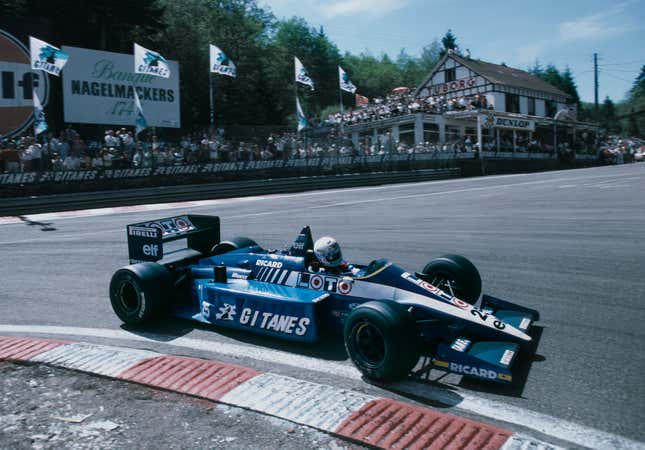 Rene Arnoux of France drives the #25 Gitanes Equipe Ligier Ligier JS27 Renault V6 turbo during the Belgian Grand Prix on 25 May 1986.