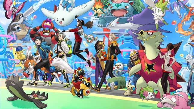 A group of trainers and Pokemon are seen walking down a road covered in PokeStops.