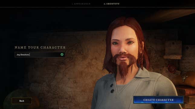 An individual named Jeg Beezbors sits on the character select screen of the recently released MMO The New World